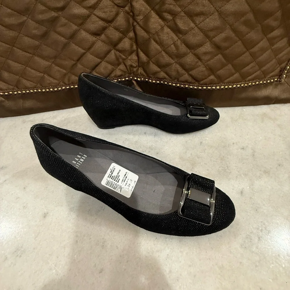 Stuart Weitzman Proper Goosebump Bow Women's Black Wedge Pumps Size 9